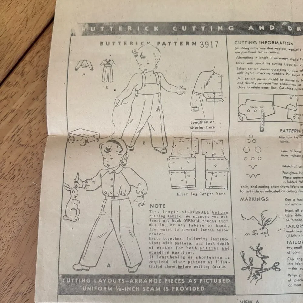 Vintage 1941 Butterick 3917 Toddler Overalls Lumberjacket Sewing Pattern Size 3